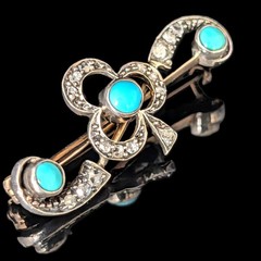 1800s Antique Victorian Turquoise Diamond 14K Gold Silver Topped Shamrock Brooch