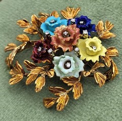 Vintage Italy 18K Gold Colorful Flower & Diamond Brooch KG Old Italian Jewelry