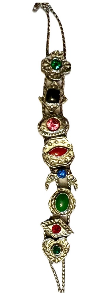 VTG Victorian Revival Slider Charm Bracelet Silvertone Rhinestones Enamel 7 1/4″