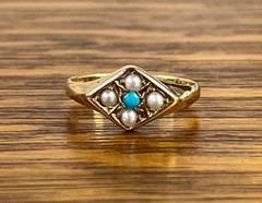 1873 Victorian Turquoise Seed Pearl 15k Gold Ring Birmingham Size 6.5+/- not 14k