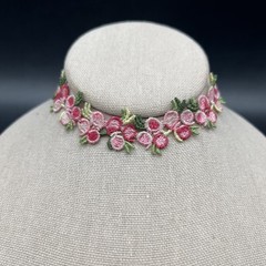 Vintage 90s Fabric Choker Necklace Pink Floral Adjustable 12.5 to 14.5 Inch