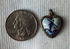 Vintage Silver 835 Heart Windmill Souvenir Charm Pendant Delft Blue Netherlands