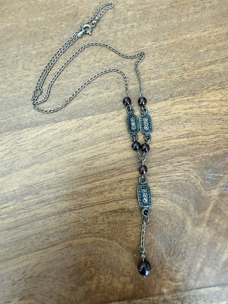 Vintage KC 925 Sterling Silver Garnet Marcasite Y Drop Lavalier Necklace