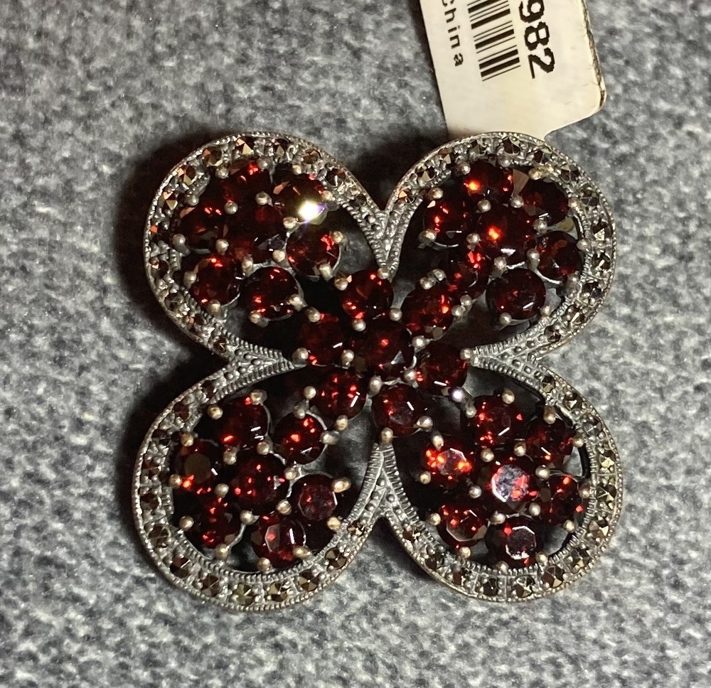 Vtg Mozambique Garnet & Marcasite Silver Brooch Victoria 925 Silver