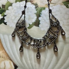 Vintage TARA Aurora Borealis Crystal Festoon Necklace Smoky Drops Gunmetal Chain
