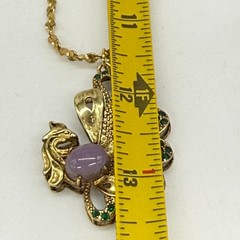 Vintage Peacock Pendant Necklace Purple Cabochon Belly Green Rhinestones