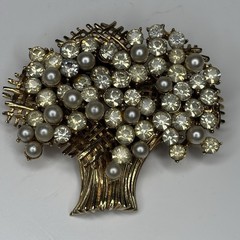 Vtg Francois Coro Rhinestone Pearl Tree Demi Parure Brooch Screw Back Earrings