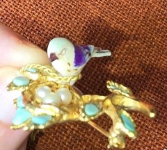 Vintage MINT Swoboda Bird On Nest Brooch W/Eggs Turquoise and Pearls Pin NOS Tag