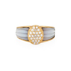 80s Portuguese Ring Diamond Fluted Mother of Pearl 19k Yellow Gold Jewelry 6.5