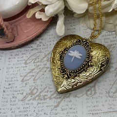 Gold Heart Locket Blue Wht Birthday Anniversary Wedding Dragonfly Cameo Necklace