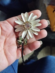 Vintage FRANCOIS Coro Brooch White Black Aster 4″ Rhinestone Center 1940