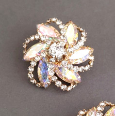 Vintage Gold Tone Rhinestones AB Brooch Pin Clip On Earrings Set Wreath Flowers
