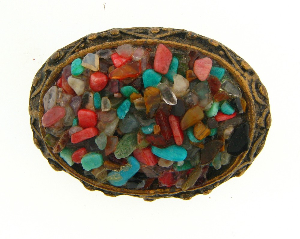 Vintage Chunky Brass Tone Metal Mixed Genuine Gemstone Chip Encrusted Oval Pin