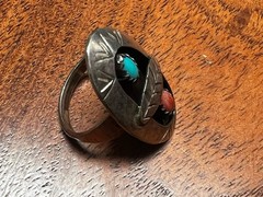 Nice NAVAJO STERLING SILVER TURQUOISE CORAL RING OLD PAWN SIZE 5.5