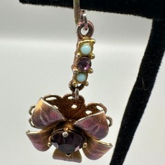 Vintage Purple Jewelry Set 3 Piece Floral Pendant Clip-On Earrings Set Blue Bead