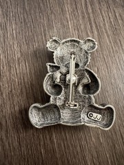 Vintage JJ Teddy Bear Brooch Silver Gold Tone Bear Holding Teddy Pin 2”