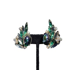Hattie Carnegie Iridescent Peacock Colored Climber Clip On Earrings Signed