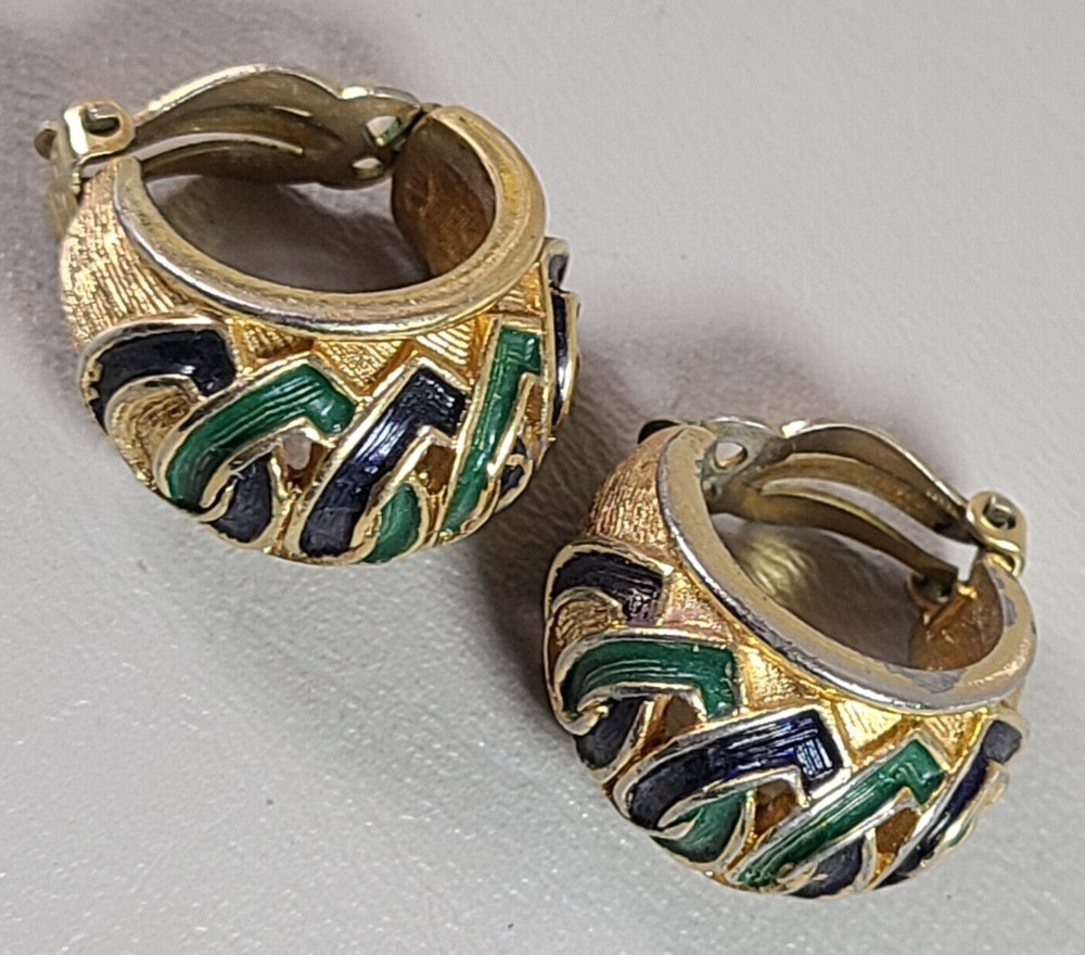 Jomaz Gold Tone Earrings Green Black Enamel