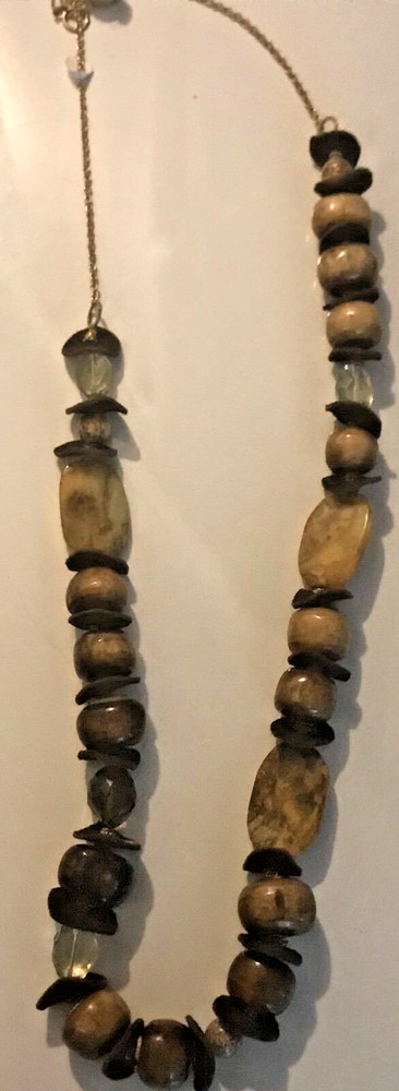 RIVER STONE BEADS LEATHER STATEMENT NECKLACE AMAZING 1980’S VINTAGE 36″