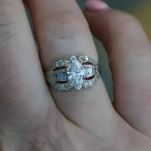 Art Deco Style Marquise Cut Lab Created Diamond 14K White Gold FN Wedding Ring