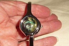 A#816X vtg HINGED BRACELET W SILVER TONE HIDDEN WRISTWATCH RIO QUARTZ