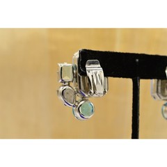 Vintage Cabochon Clip On Earrings Multi Blue Rhinestone Crystal Bezel 1980s W5