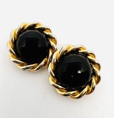 Large PAOLO GUCCI Rope Twist Black Cabochon Clip Backs Vintage Jewelry