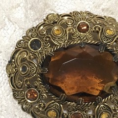 Vintage W Germany Brooch Gold Tone Brown Yellow Rhinestones