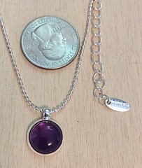 Vintage LBVYR Silver Tone Amethyst Cabochon Pendant Ball Chain Necklace Stamped