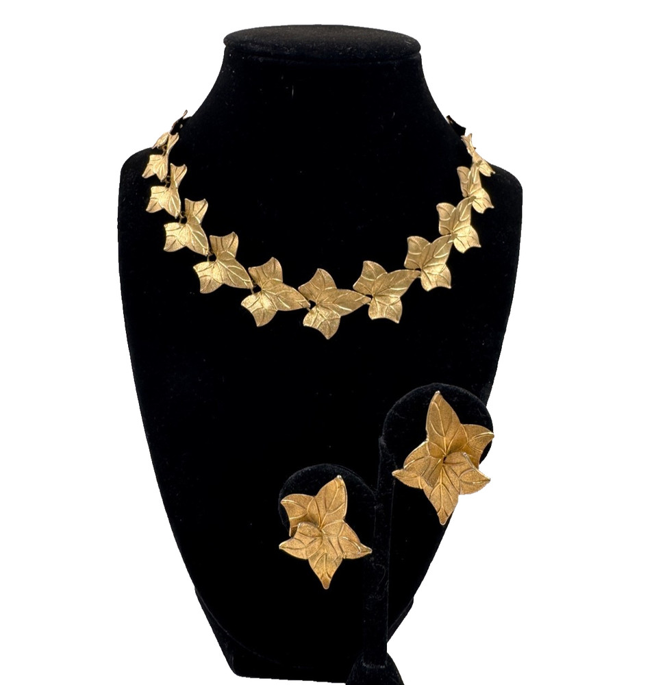 GOLD FILLED GERMANY SIGNED RETRO SET CLIP EARRINGS NECKLACE ENGLISH IVY LEAGUE