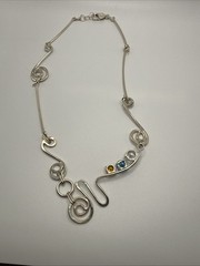 VTG Art Modern 925 Sterling Silver Multi Gemstone Necklace.38.6 Grams. 22.5”Long