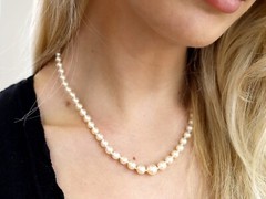 Single Strand Pearl Necklace with Sapphire, Diamond and 12k White Gold Clasp