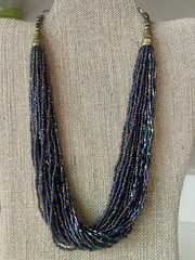 Vintage Oil Slick Iridescent Bead Torsade Necklace Statement Brass Boho Chic