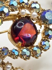 Vintage Goldtone Red AB, Art Glass, And Faux Pearl Brooch And Earring Set