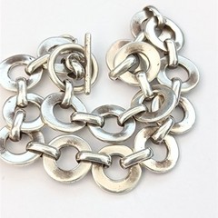 Vintage Sterling Silver Circle Link Bracelet Modernist Minimalist Toggle Round
