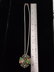 Selro Selini Unsigned Green Art Glass Rhinestone Pendant Necklace Chunky Funky