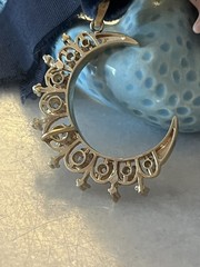 Spectacular Antique 14k Yellow Gold Diamond Crescent Moon Pendant 1920s