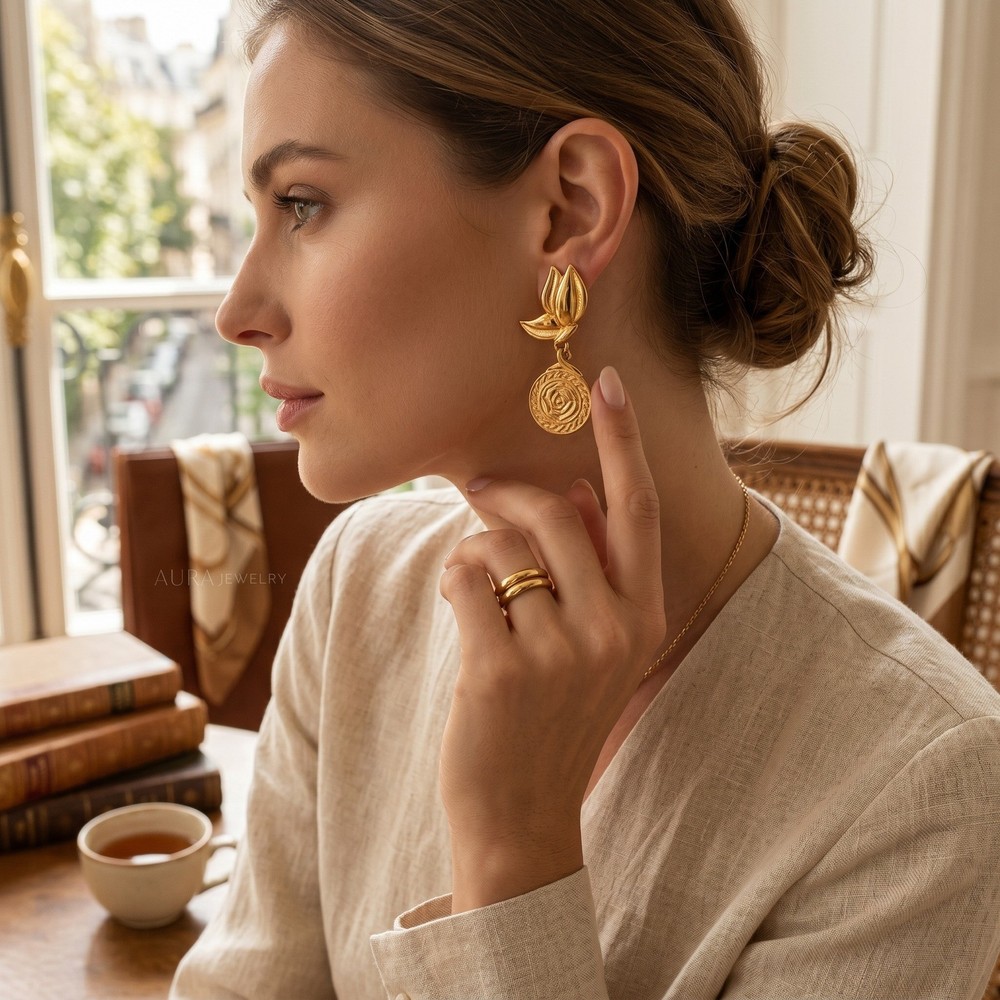 Vintage Gold Tone Tulip Rose Drop Clip On Earrings Coquette Statement Regency