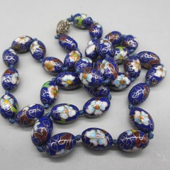 Vintage Cloisonne Necklace Earrings Leverback Signed Silver Tone 27 Inch