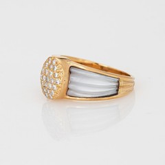 80s Portuguese Ring Diamond Fluted Mother of Pearl 19k Yellow Gold Jewelry 6.5