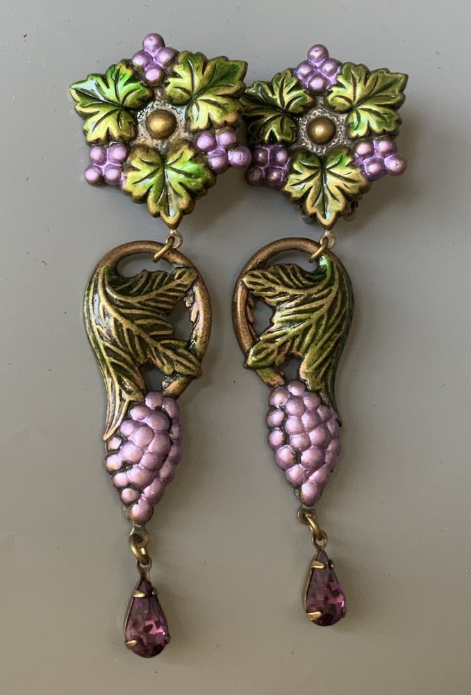 Vintage Grape Clips Earrings By Banana Bob Brass Alloy Enamel Crystals Dangling