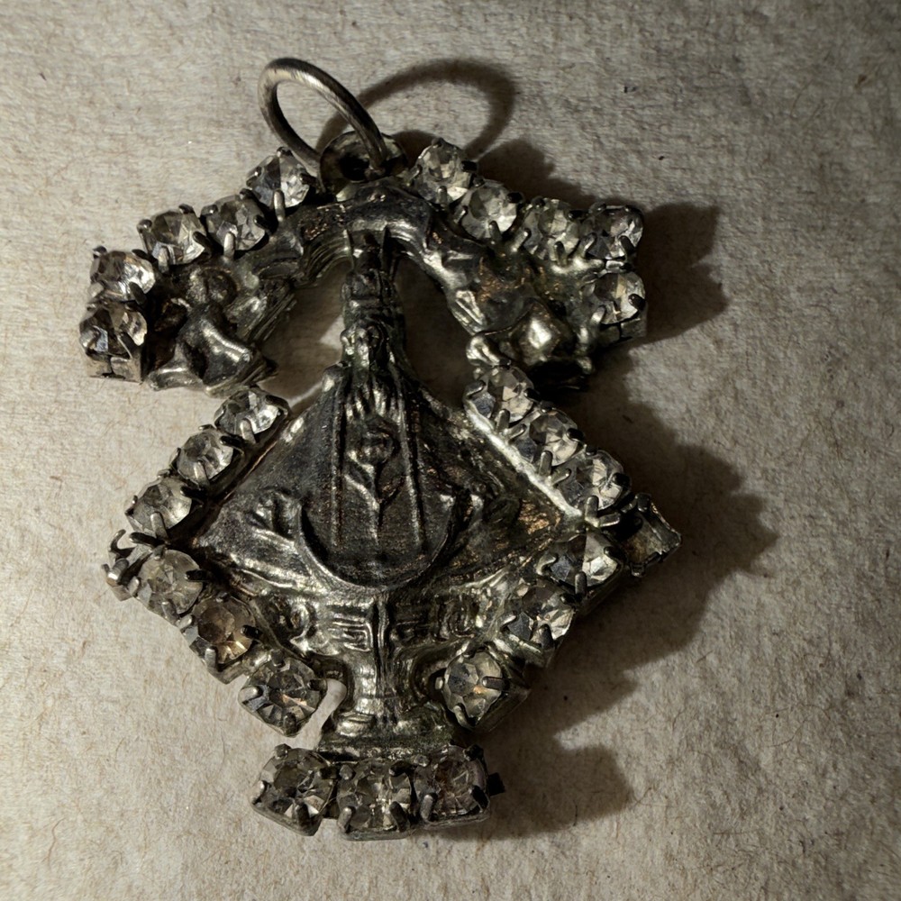 Silver Tone Religious Diamond Shape Charm Pendant Textured Border Metal