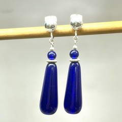 Vintage Cobalt Blue Glass Teardrop Dangle Clip On Earrings Silver Tone Drop 2”