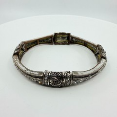 VTG Antique Silver Tone Clear Rhinestone Swirl Art Deco Stretch Bangle Bracelet