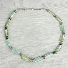 Vintage Sterling Silver Iridescent Green Roman Glass & Beaded Necklace Boho Chic