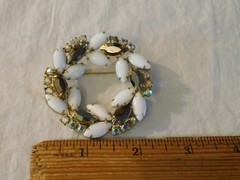 Vintage Milk Glass Navette Aurora Borealis Rhinestone Prong set Brooch 1950-1960