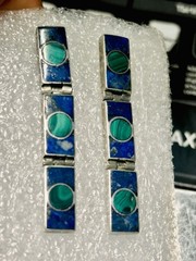 Vintage Sterling Silver Lapis Panel Dangle Earrings Malachite Circles Pattern