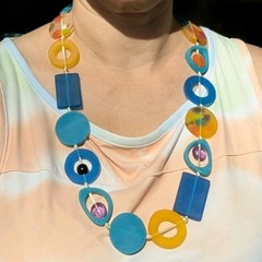 Chunky Vintage Mod Lucite Resin Statement Necklace – Geometric – Teal Blue…