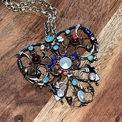 Antique Hermann Bohm AUSTRO HUNGARIAN Garnet Turquoise Silver Pendant Necklace