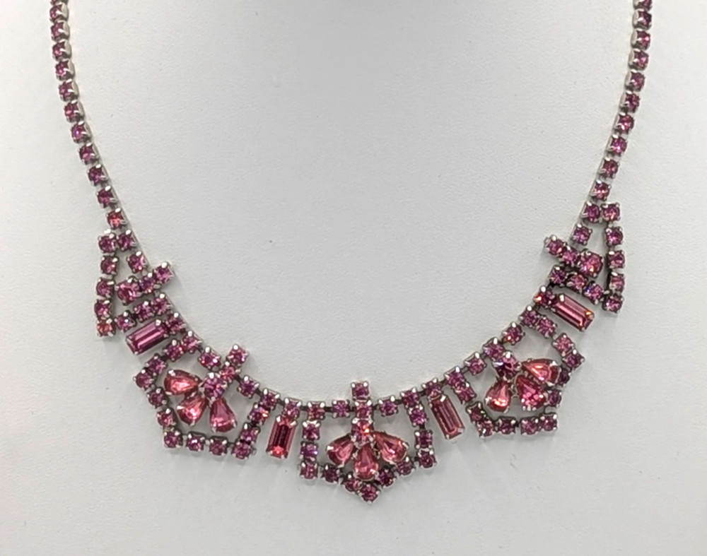 Vintage Pink Rhinestone Necklace Crystal Choker Bib Mid Century Glam 15″